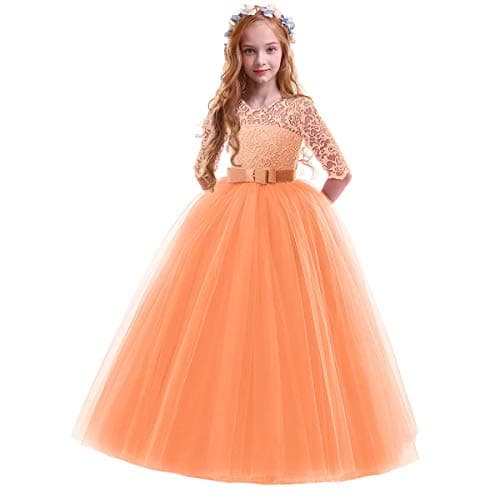 IBTOM CASTLE Girls' Flower Floral Lace 3/4 Sleeve Floor-Length Wedding Party Dress