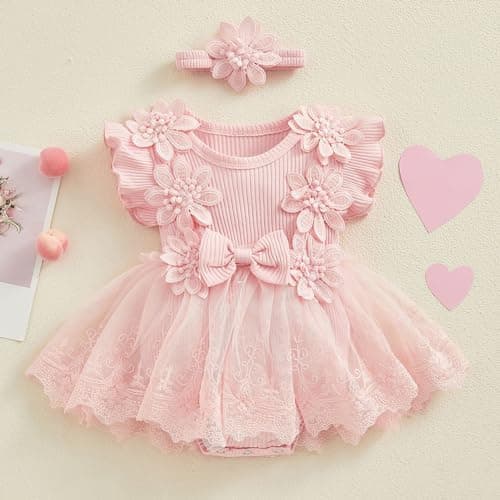 ODASDO Newborn Lace Romper Dress & Bowknot Headband Summer Birthday Outfit