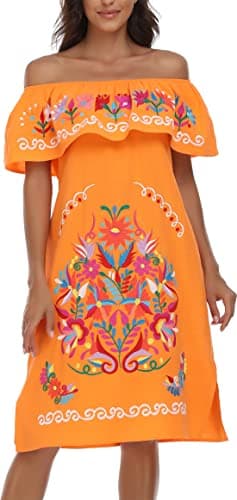 YZXDORWJ Women's Mexican Embroidered Ruffle Collar Dress
