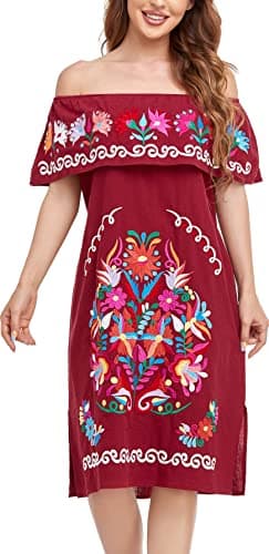 YZXDORWJ Women's Mexican Embroidered Ruffle Collar Dress