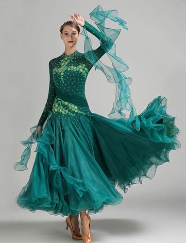ELLYDOOR Women's Floral Rhinestone Ballroom Waltz Dress for Prom & Competition