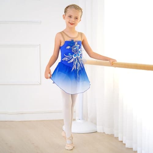 ODASDO Girl Ice Skating Dress Sequin Flower Chiffon Skirt for Competition