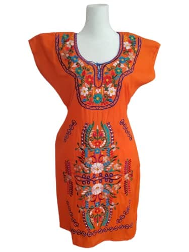Puerta21 Authentic Mexican Embroidered Long Sleeve Dress (M, Black and Colors)