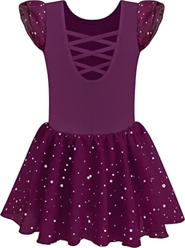 MOLLDAN Girls' Dance Leotards for Ballet, Shiny Skirt & Ruffle Sleeves