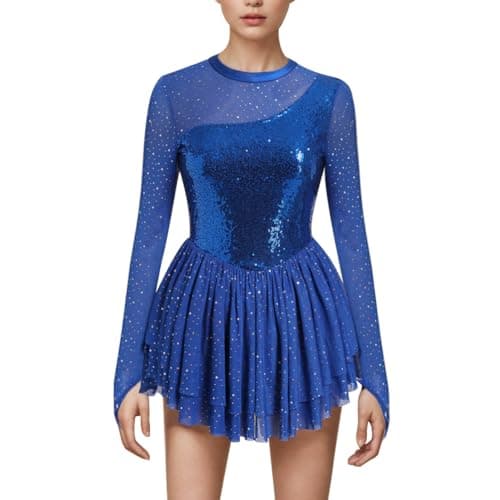 ODASDO Women's Sparkly Mesh Long Sleeve Figure Skating Leotard with Rhinestones Skirt