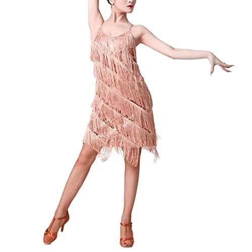 IBTOM CASTLE Women's Sparkly Tassel Flapper Latin Dance Dress Sleeveless