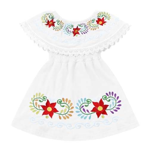 ODIZLI Girls Traditional Mexican Off-Shoulder Floral Embroidered Dress