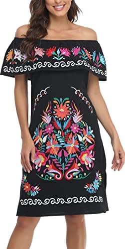 YZXDORWJ Women's Mexican Embroidered Ruffle Collar Dress