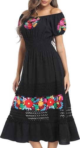 YZXDORWJ Women's Mexican Floral Embroidered Maxi Dress