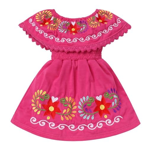 ODIZLI Girls Traditional Mexican Off-Shoulder Floral Embroidered Dress