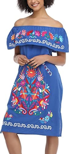 YZXDORWJ Women's Mexican Embroidered Ruffle Collar Dress