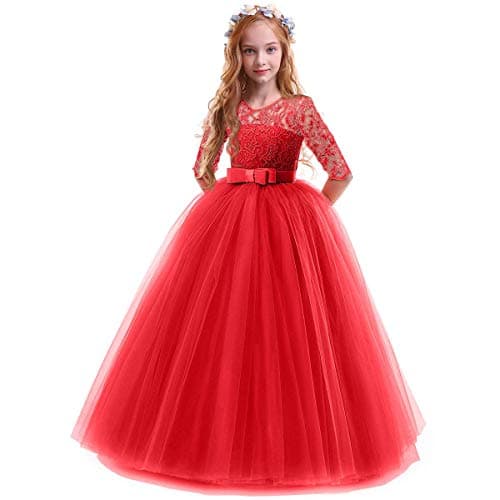 IBTOM CASTLE Girls' Flower Floral Lace 3/4 Sleeve Floor-Length Wedding Party Dress