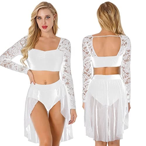 CochOn Women 2 Pcs Lyrical Dance Costume Floral Lace Crop Top & Skirt