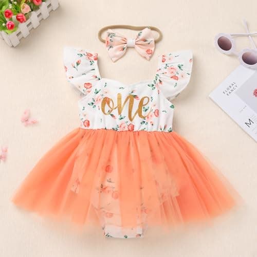 ODASDO Baby Girl 1st Birthday Floral Tulle Tutu Dress with Headband