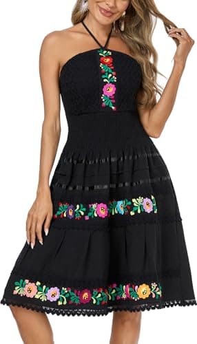 Embnoyes Black Flowy Halter Mini Dress for Women