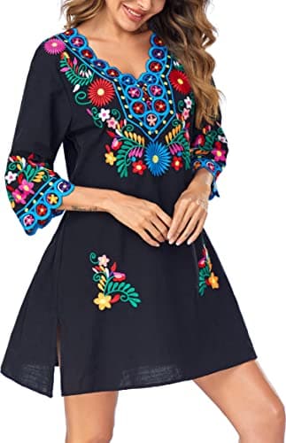 YZXDORWJ Women's Embroidered Mexican V-Neck Floral Long Sleeve Dress