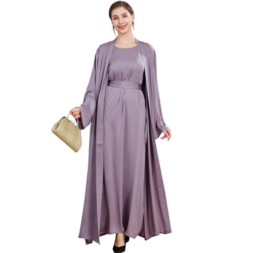 Lenmipot Women's Silk Abaya Dress Twin Set Maxi Kaftan Jilbab Eidsrobe