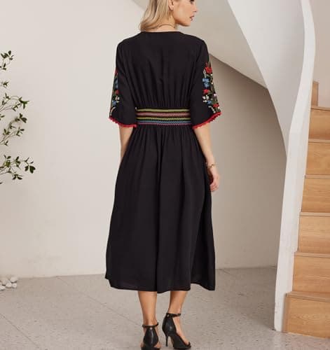 Higustar Mexican Embroidered Midi Floral Boho Dress for Women