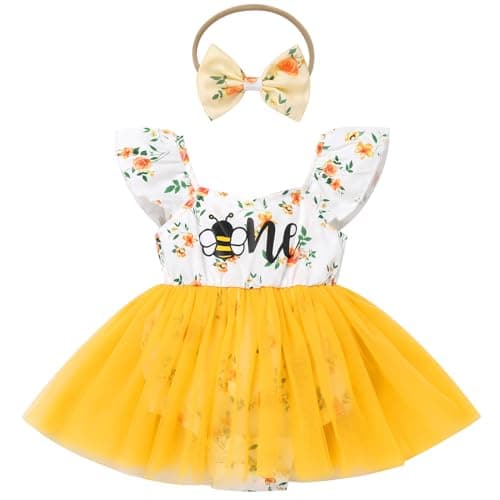 ODASDO Baby Girl 1st Birthday Floral Tulle Tutu Dress with Headband