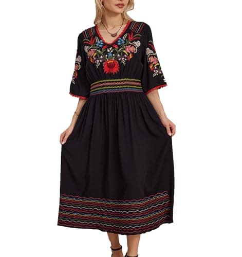Higustar Mexican Embroidered Midi Floral Boho Dress for Women