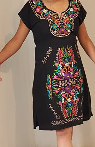 Puerta21 Authentic Mexican Embroidered Long Sleeve Dress (M, Black and Colors)