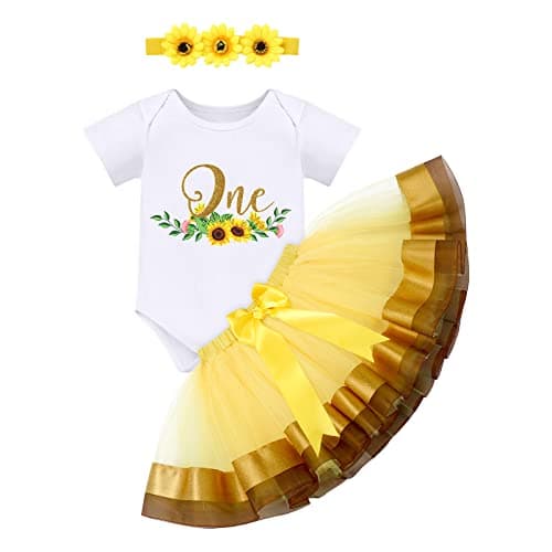 ODASDO Baby Girl First Birthday Outfit with Flower Print Tutu Skirt & Crown