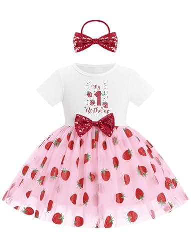 ODASDO Girls' Strawberry Birthday Tutu Dress with Bowknot Headband
