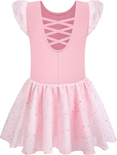 MOLLDAN Girls' Dance Leotards for Ballet, Shiny Skirt & Ruffle Sleeves