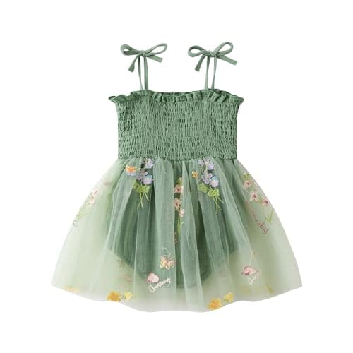 DLLYING Baby Girl Summer Smocked Fairy Berry One-Piece Tulle Romper with Headband