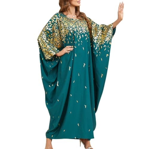 IDOPIP Women's Muslim Ramadan Dress - Long Sleeve Floral Maxi Kaftan Robe