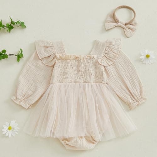 BOEBNOZCV Baby Girl 1st Birthday Ruffled Tulle Romper Long Sleeve Dress