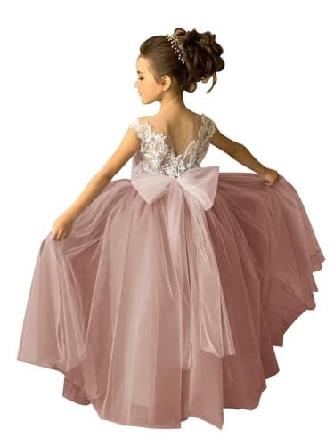 Zikusel Lace Applique Tulle Flower Girl Wedding Dress V-Back Satin Bow Knot