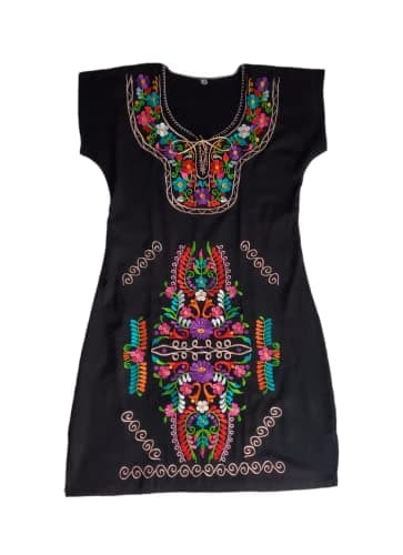 Puerta21 Authentic Mexican Embroidered Long Sleeve Dress (M, Black and Colors)