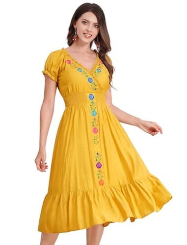 ODIZLI Women's Floral Embroidered Short Sleeve V-Neck Cinco De Mayo Fiesta Dress