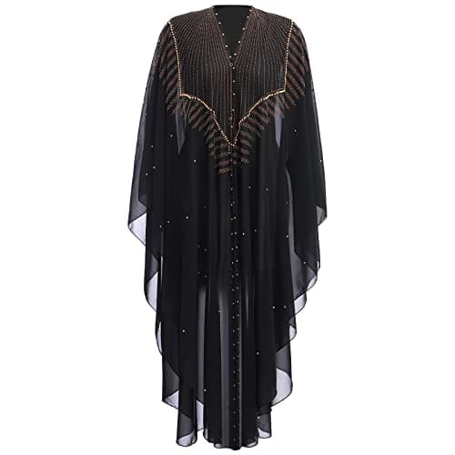 OBEEII Loose Batwing Hooded Beaded Embroidery Abaya Dress for Women