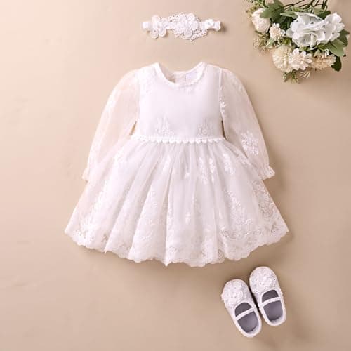 Booulfi White Lace Baby Girl Baptism Dress 3pcs Set