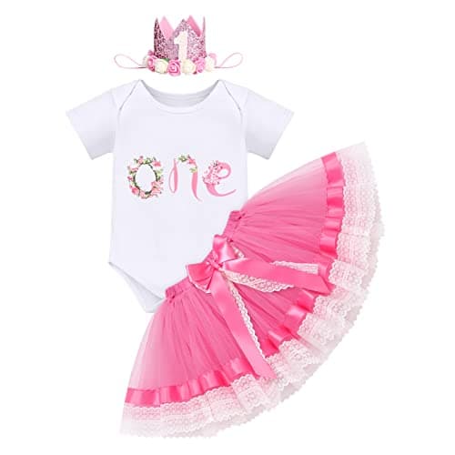 ODASDO Baby Girl First Birthday Outfit with Flower Print Tutu Skirt & Crown