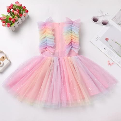 ODASDO Kids Girls Tutu Tulle Ruffle Sleeve Princess Dress for Birthday Parties