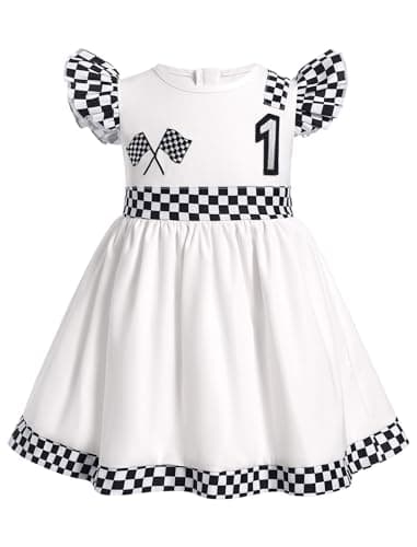 ODASDO Kids' Checkerboard Flutter Sleeve Racing Car Birthday Outfit