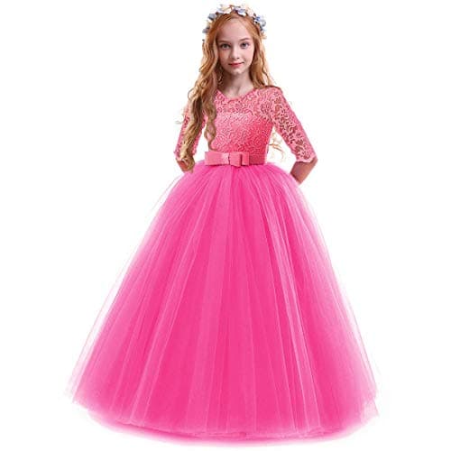 IBTOM CASTLE Girls' Flower Floral Lace 3/4 Sleeve Floor-Length Wedding Party Dress