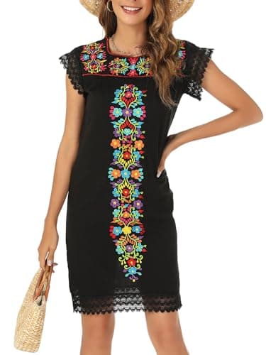 Mexican V-neck Summer Dress for Women Traditional Embroidery Black White