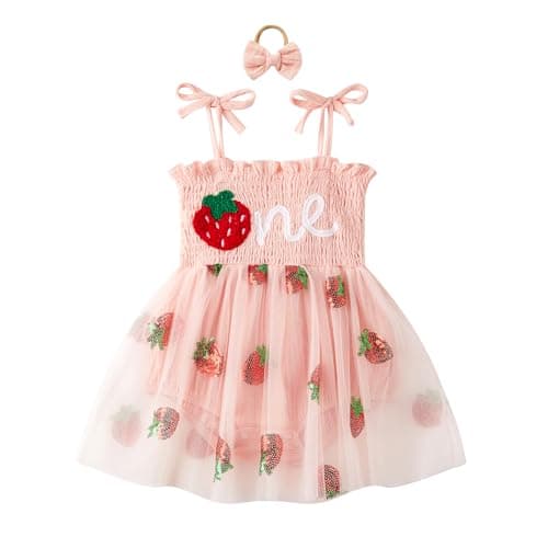 DLLYING Baby Girl Summer Smocked Fairy Berry One-Piece Tulle Romper with Headband