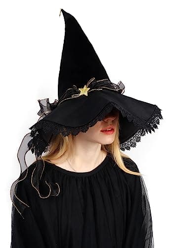 C-ZOFEK Women's Black Velvet Witch Hat with Lace Brim for Halloween Cosplay