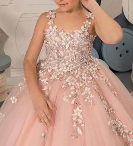 PSAISY Floral Applique Tulle Flower Girl Dress for Weddings & Birthday Parties