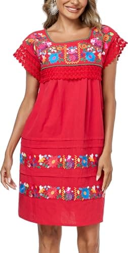 YZXDORWJ Women's Embroidered Mexican Peasant Lace Short Sleeve Dress