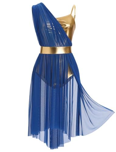 ODASDO Women's Lyrical Dance Leotard Dress with Cami Straps & Metallic Mesh Tulle