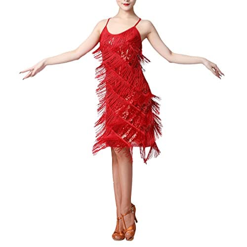 IBTOM CASTLE Women's Sparkly Tassel Flapper Latin Dance Dress Sleeveless