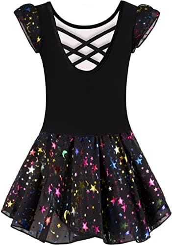 DANSHOW Shiny Ruffle Sleeve Ballet Leotard for Girls Toddler Dance Skirted Tutu Dress