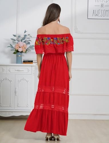 OMEWEE Women's Traditional Off-Shoulder Embroidered Maxi Dress Casually Chic Cinco de Mayo Outfit