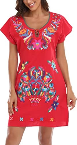 YZXDORWJ Women's Mexican V-Neck Fiesta Dress with Short Sleeves